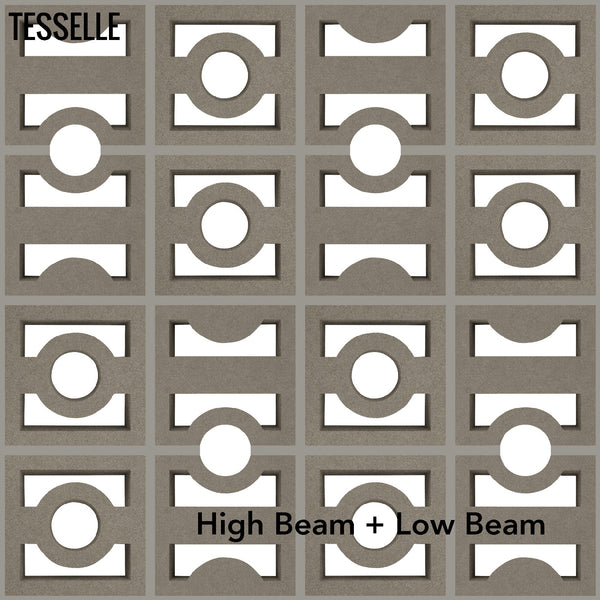 Pattern of high beam and low beam shapes with TESSELLE branding.