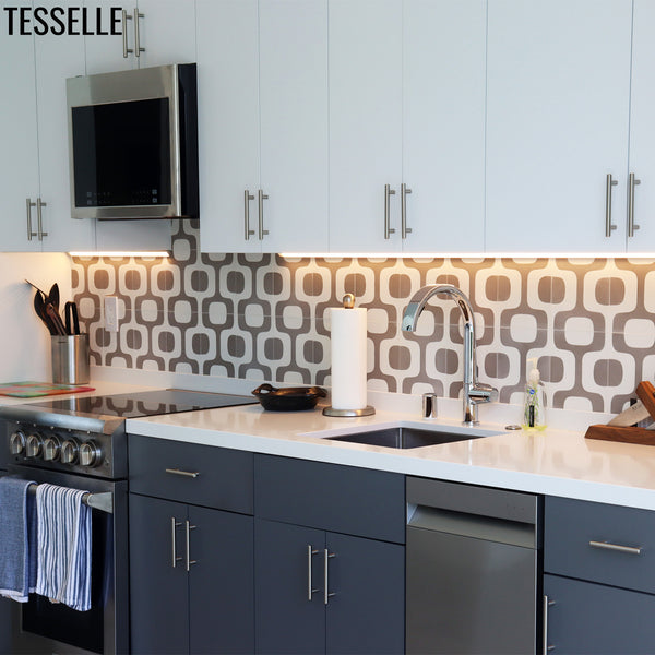 Ipanema Silva 8" Square Cement Tile on a backsplash