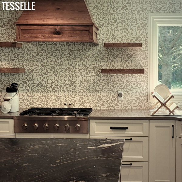 Tesselle Fine Vine Cement Tiles installed on a backsplash