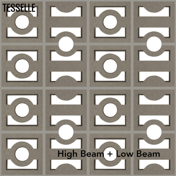 Tessellated pattern with 'High Beam + Low Beam' text, featuring the brand 'Tesselle'.