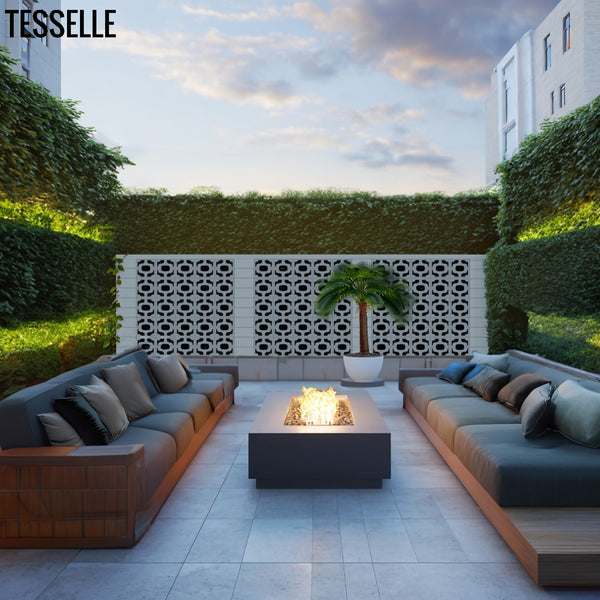 Outdoor patio with modern furniture and fire pit, featuring Tesselle Ipanema Breeze Block Wall