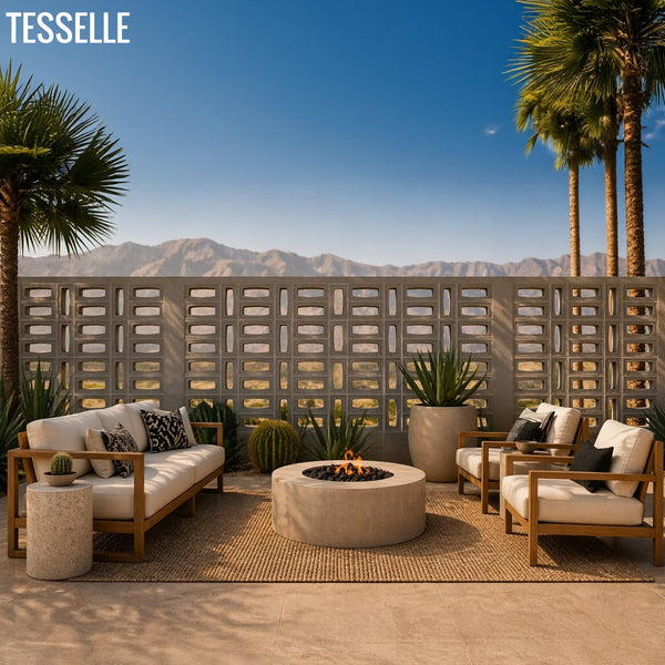 Lozenge Grey Breeze Blocks behind a patio