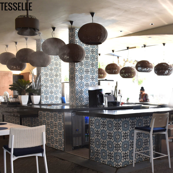Andalusia Sky Cement Tiles installed in a bar area