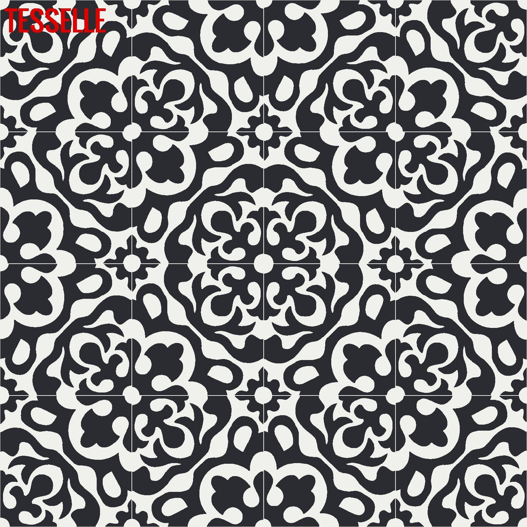 Calais Coal 8" Square Cement Tile | Medallion Pattern 3