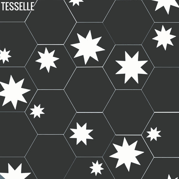 Cosmos Onyx 9x8" Hexagonal Cement Tile Stars and Solids