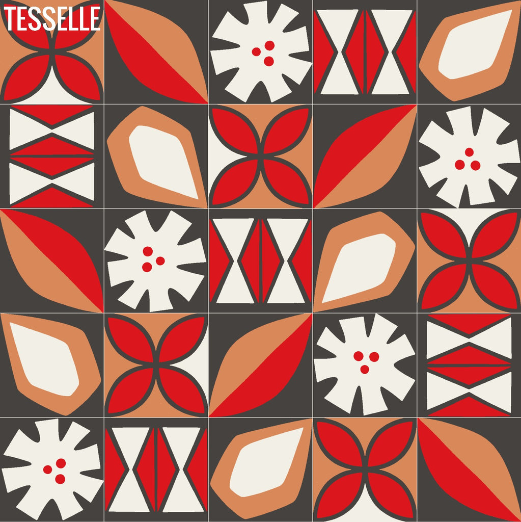 Tapa Flame Montage - 8" Square Cement Tiles by Shag